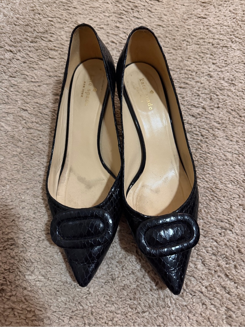 kate spade Black Pointed Snake-Embossed Pumps with Buckle Accent